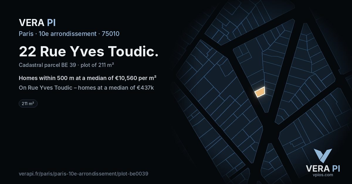 22 Rue Yves Toudic, 10e arrondissement at night – the plot lit, the parcels around coloured by the prices near them