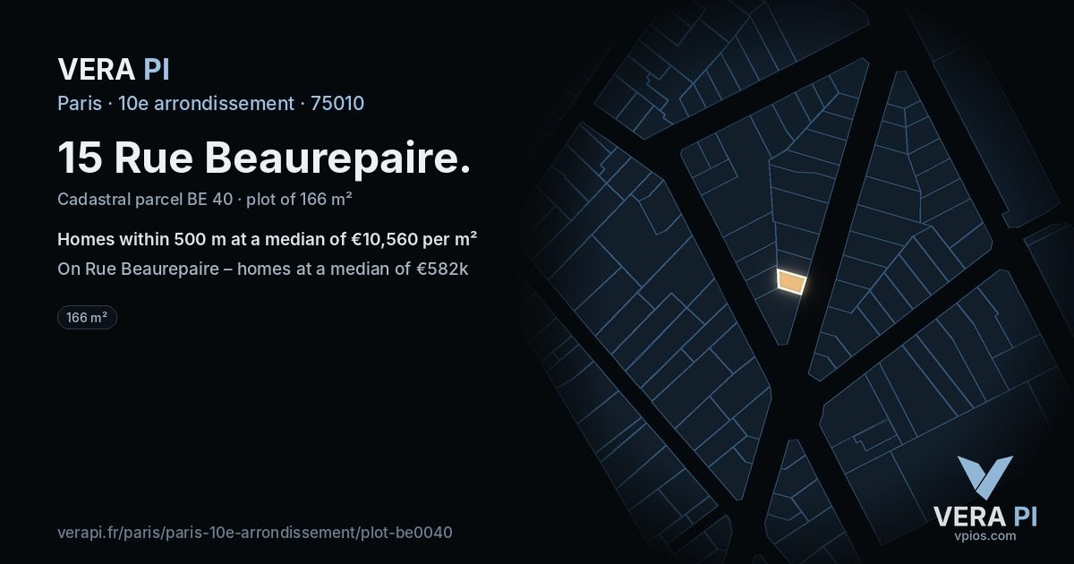 15 Rue Beaurepaire, 10e arrondissement at night – the plot lit, the parcels around coloured by the prices near them