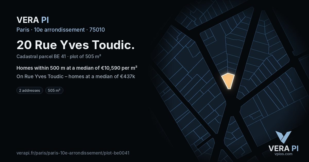 20 Rue Yves Toudic, 10e arrondissement at night – the plot lit, the parcels around coloured by the prices near them
