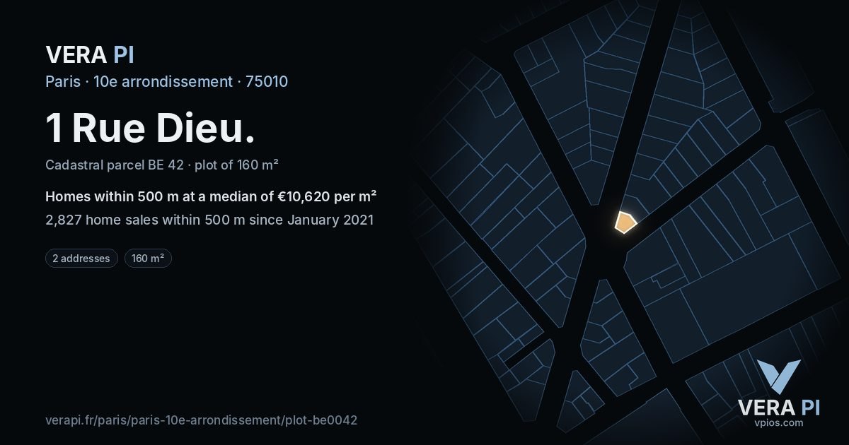 1 Rue Dieu, 10e arrondissement at night – the plot lit, the parcels around coloured by the prices near them