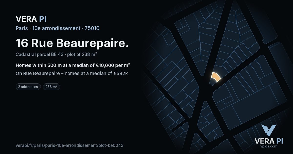 16 Rue Beaurepaire, 10e arrondissement at night – the plot lit, the parcels around coloured by the prices near them