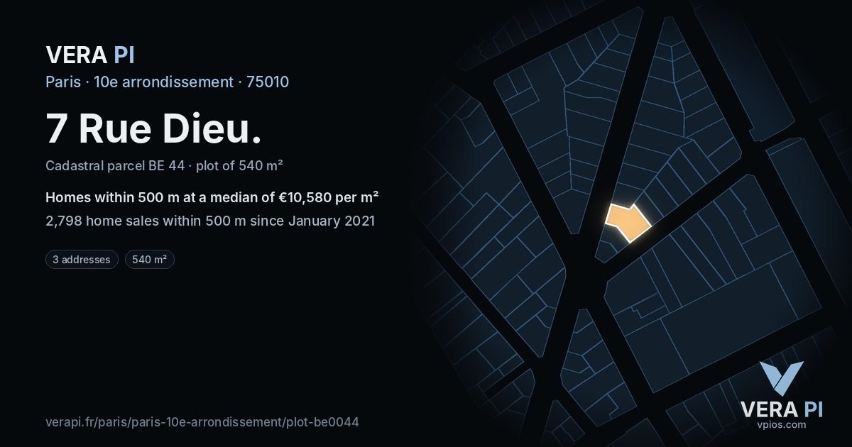 7 Rue Dieu, 10e arrondissement at night – the plot lit, the parcels around coloured by the prices near them
