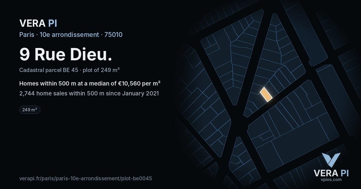 9 Rue Dieu, 10e arrondissement at night – the plot lit, the parcels around coloured by the prices near them
