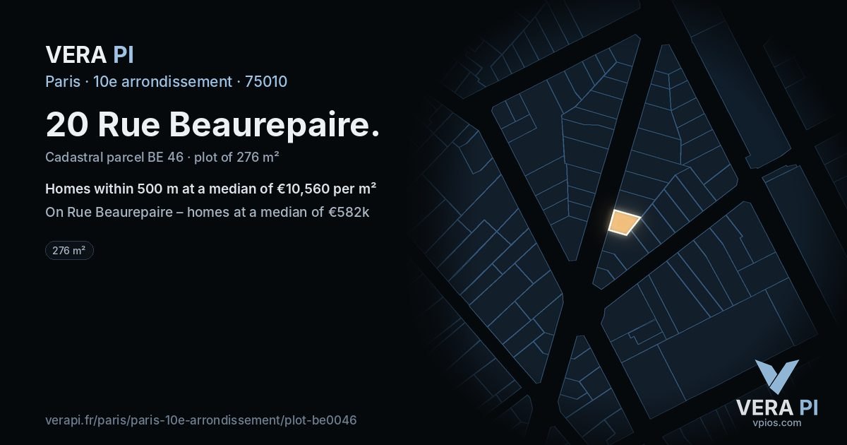 20 Rue Beaurepaire, 10e arrondissement at night – the plot lit, the parcels around coloured by the prices near them