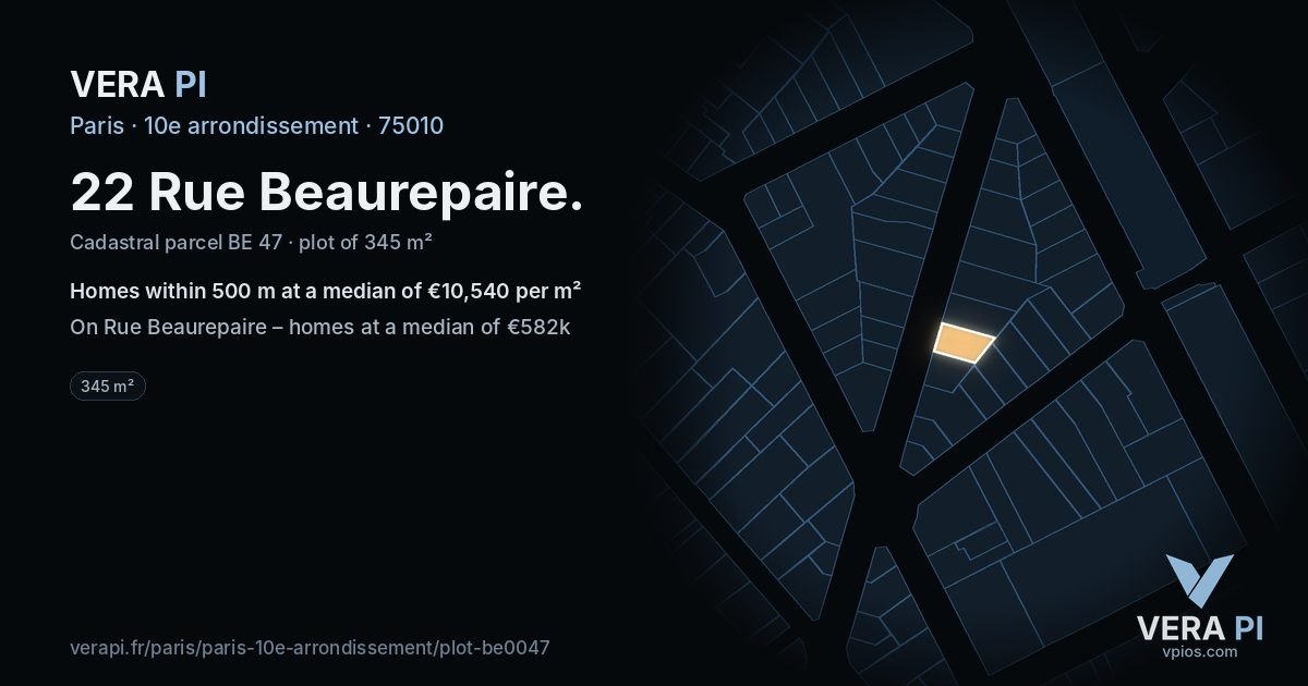 22 Rue Beaurepaire, 10e arrondissement at night – the plot lit, the parcels around coloured by the prices near them