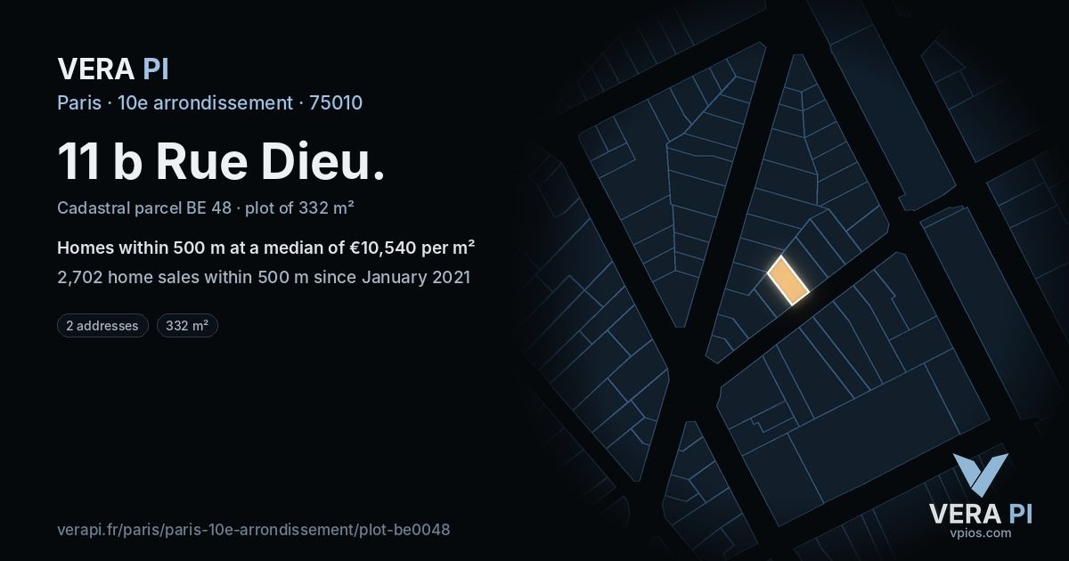 11 b Rue Dieu, 10e arrondissement at night – the plot lit, the parcels around coloured by the prices near them