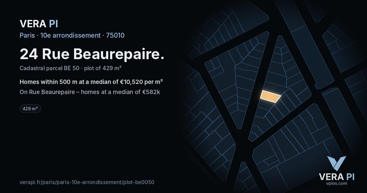 24 Rue Beaurepaire, 10e arrondissement at night – the plot lit, the parcels around coloured by the prices near them