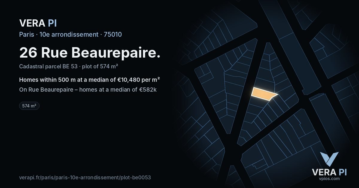 26 Rue Beaurepaire, 10e arrondissement at night – the plot lit, the parcels around coloured by the prices near them