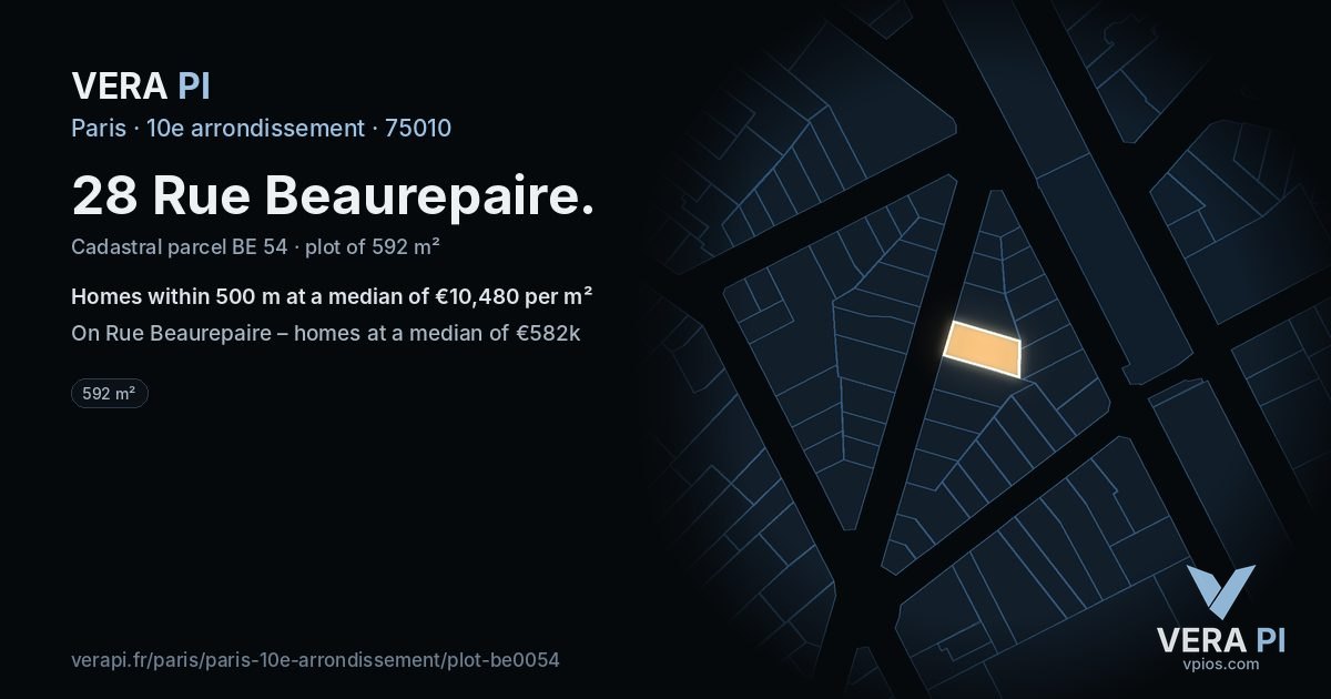 28 Rue Beaurepaire, 10e arrondissement at night – the plot lit, the parcels around coloured by the prices near them