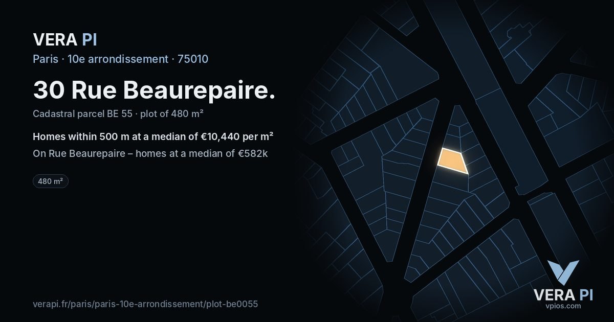 30 Rue Beaurepaire, 10e arrondissement at night – the plot lit, the parcels around coloured by the prices near them