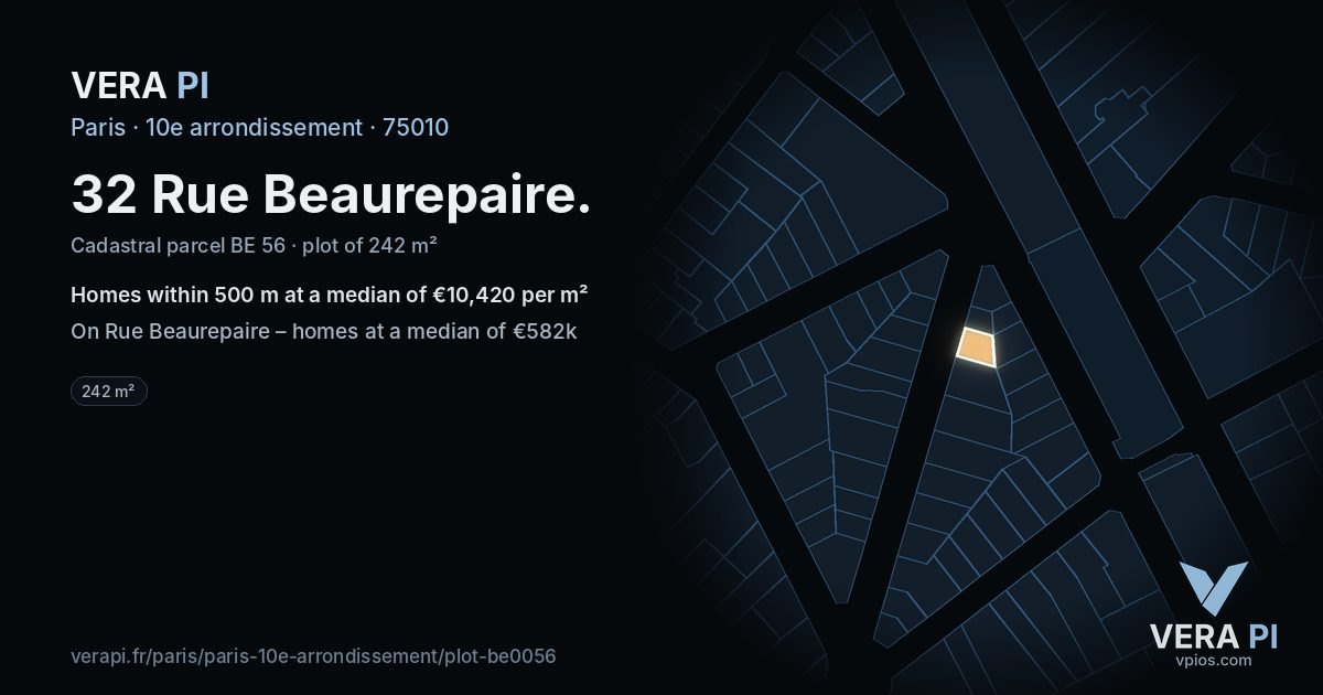 32 Rue Beaurepaire, 10e arrondissement at night – the plot lit, the parcels around coloured by the prices near them