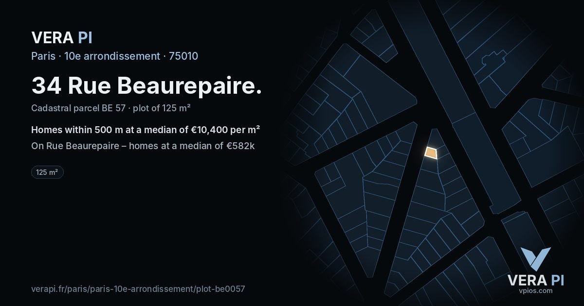 34 Rue Beaurepaire, 10e arrondissement at night – the plot lit, the parcels around coloured by the prices near them