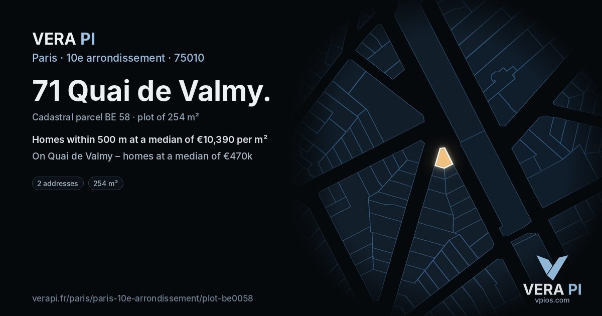 71 Quai de Valmy, 10e arrondissement at night – the plot lit, the parcels around coloured by the prices near them