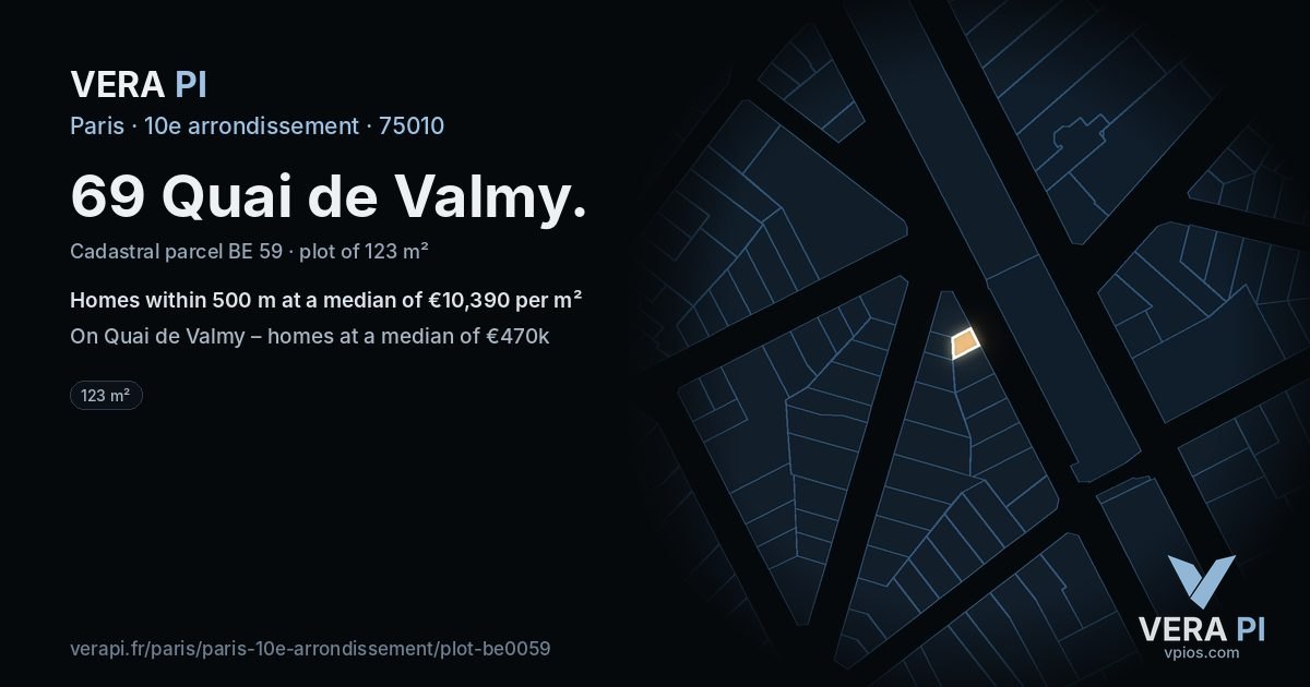 69 Quai de Valmy, 10e arrondissement at night – the plot lit, the parcels around coloured by the prices near them