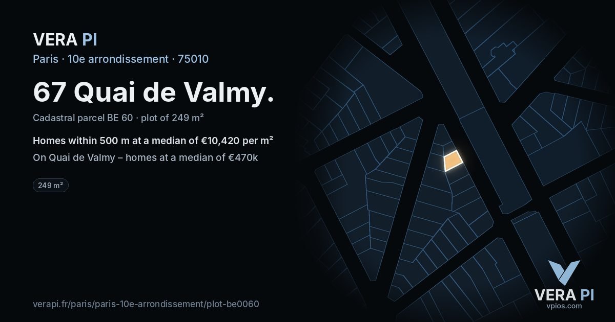 67 Quai de Valmy, 10e arrondissement at night – the plot lit, the parcels around coloured by the prices near them