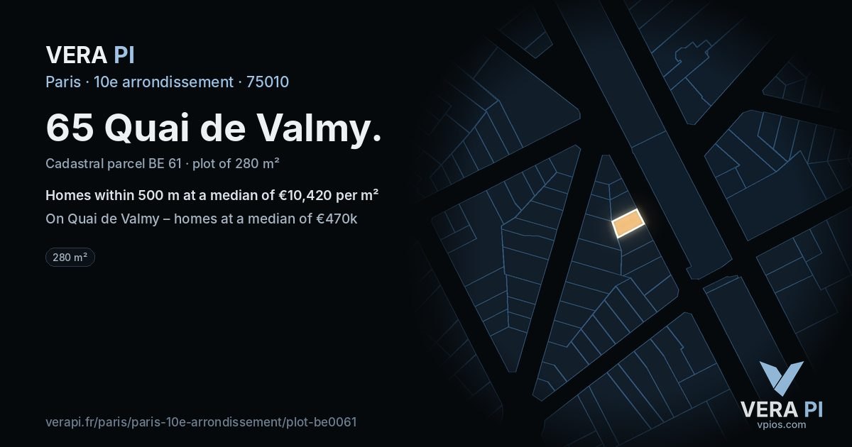 65 Quai de Valmy, 10e arrondissement at night – the plot lit, the parcels around coloured by the prices near them