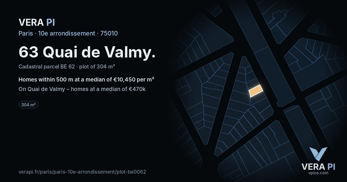 63 Quai de Valmy, 10e arrondissement at night – the plot lit, the parcels around coloured by the prices near them