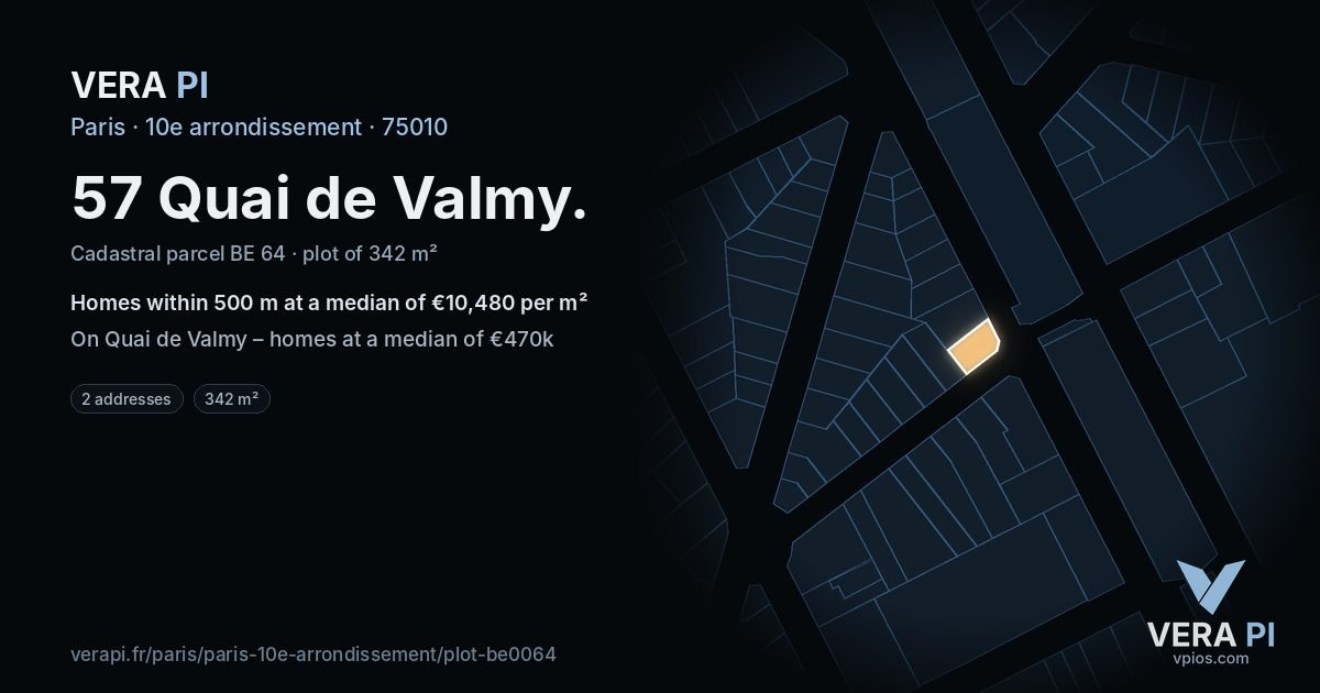 57 Quai de Valmy, 10e arrondissement at night – the plot lit, the parcels around coloured by the prices near them
