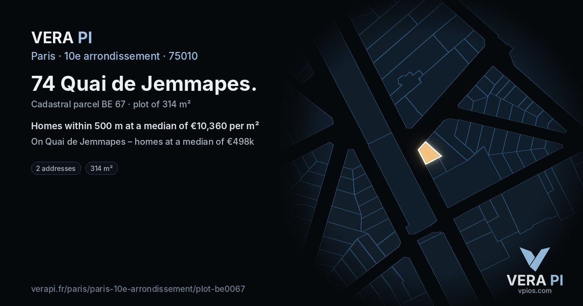 74 Quai de Jemmapes, 10e arrondissement at night – the plot lit, the parcels around coloured by the prices near them