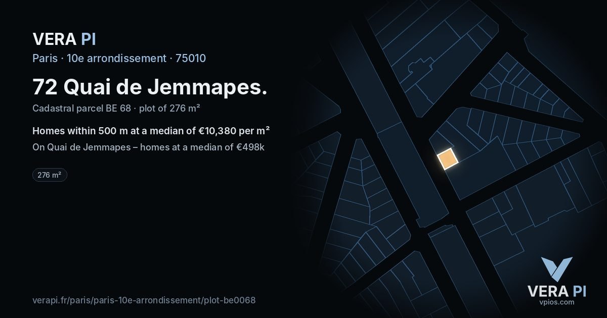 72 Quai de Jemmapes, 10e arrondissement at night – the plot lit, the parcels around coloured by the prices near them