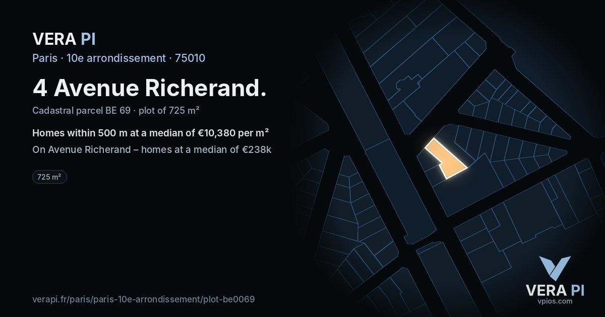 4 Avenue Richerand, 10e arrondissement at night – the plot lit, the parcels around coloured by the prices near them