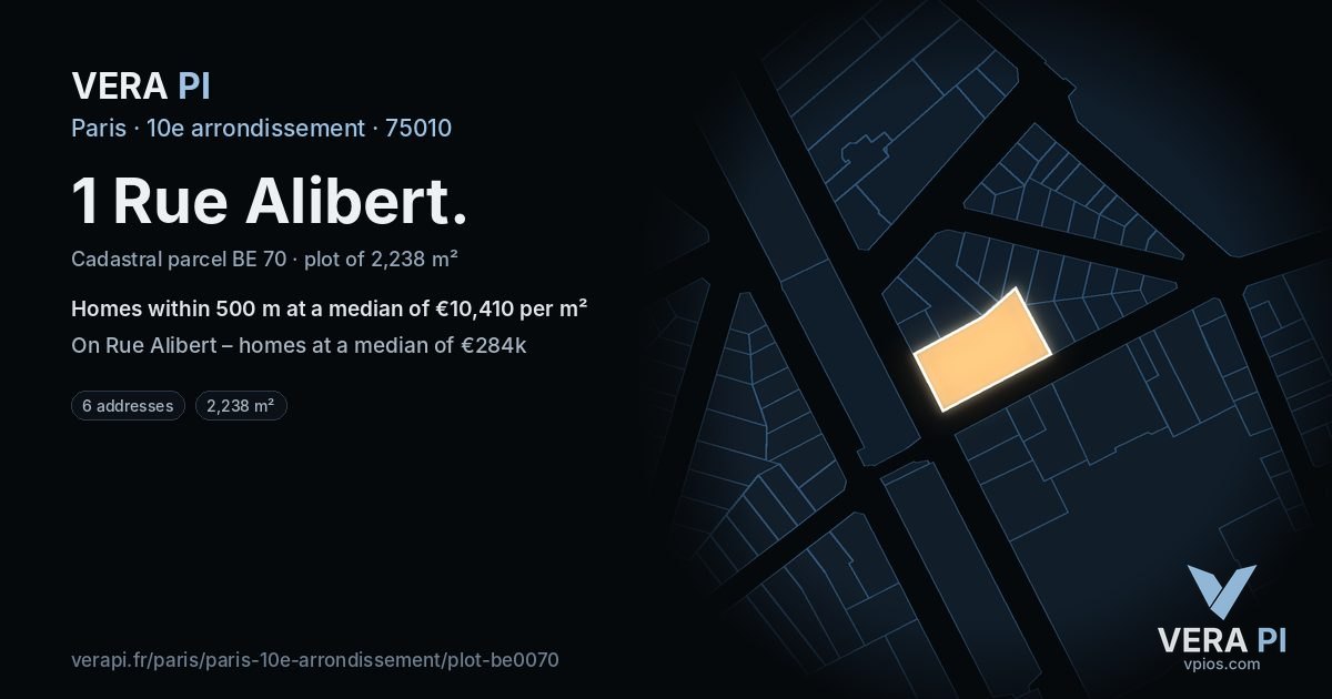 1 Rue Alibert, 10e arrondissement at night – the plot lit, the parcels around coloured by the prices near them