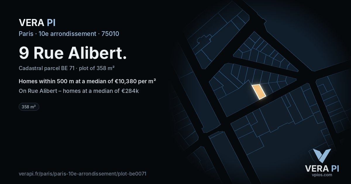 9 Rue Alibert, 10e arrondissement at night – the plot lit, the parcels around coloured by the prices near them