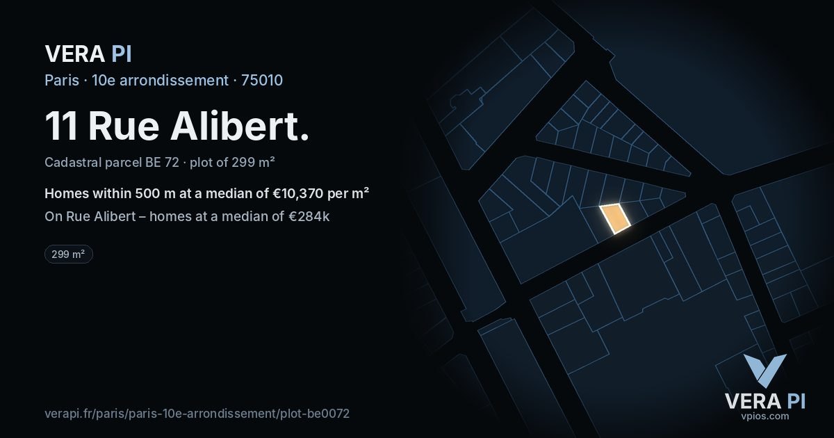 11 Rue Alibert, 10e arrondissement at night – the plot lit, the parcels around coloured by the prices near them