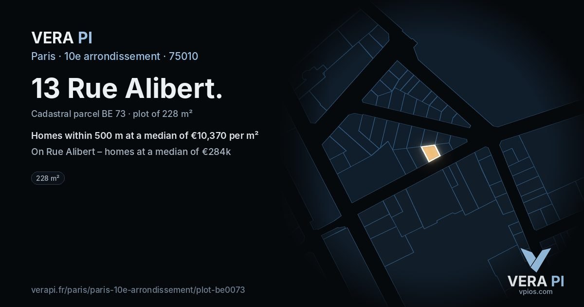 13 Rue Alibert, 10e arrondissement at night – the plot lit, the parcels around coloured by the prices near them