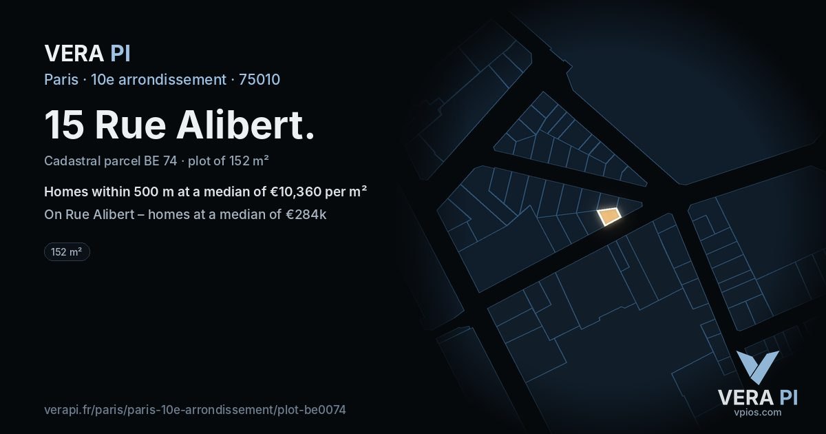 15 Rue Alibert, 10e arrondissement at night – the plot lit, the parcels around coloured by the prices near them