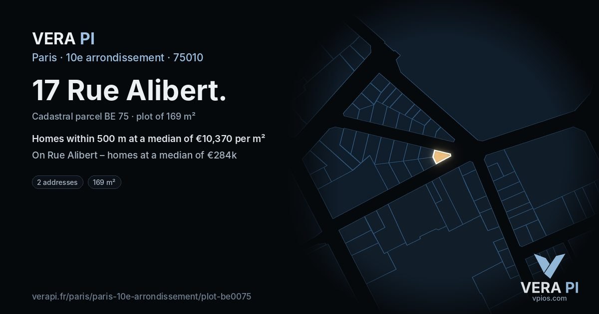 17 Rue Alibert, 10e arrondissement at night – the plot lit, the parcels around coloured by the prices near them