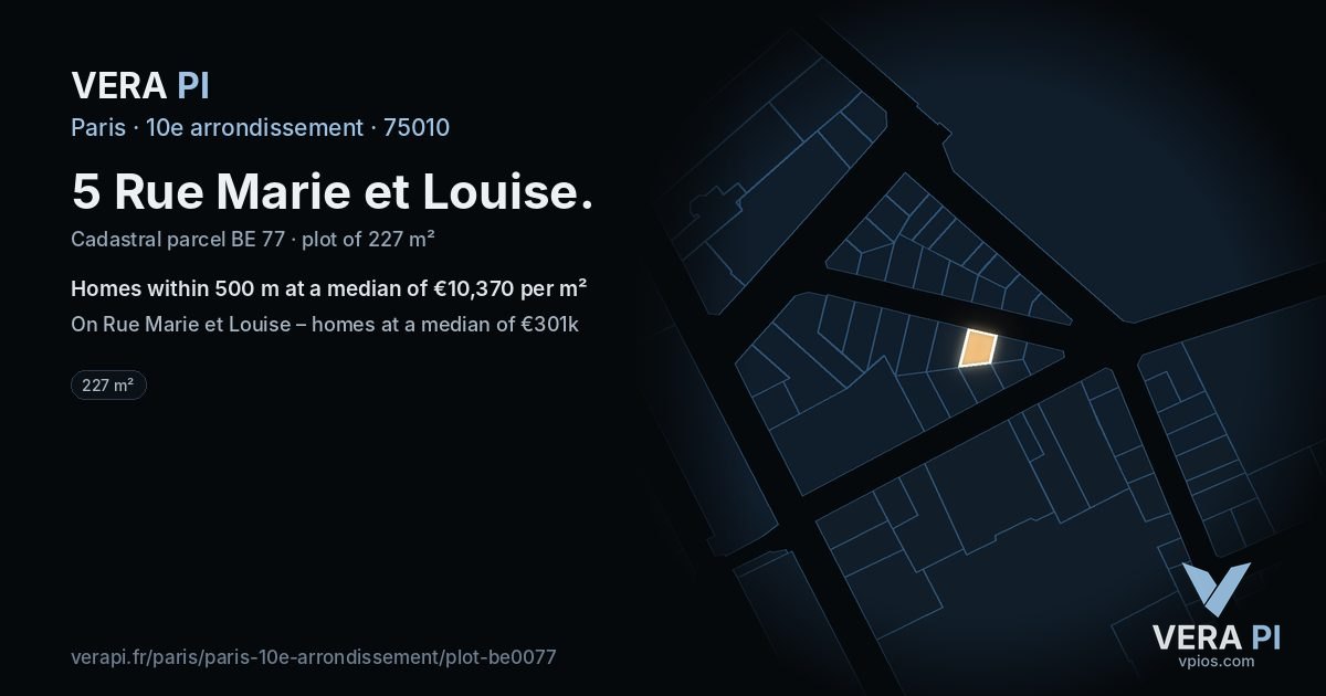 5 Rue Marie et Louise, 10e arrondissement at night – the plot lit, the parcels around coloured by the prices near them