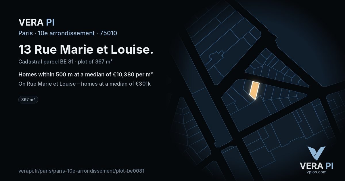 13 Rue Marie et Louise, 10e arrondissement at night – the plot lit, the parcels around coloured by the prices near them