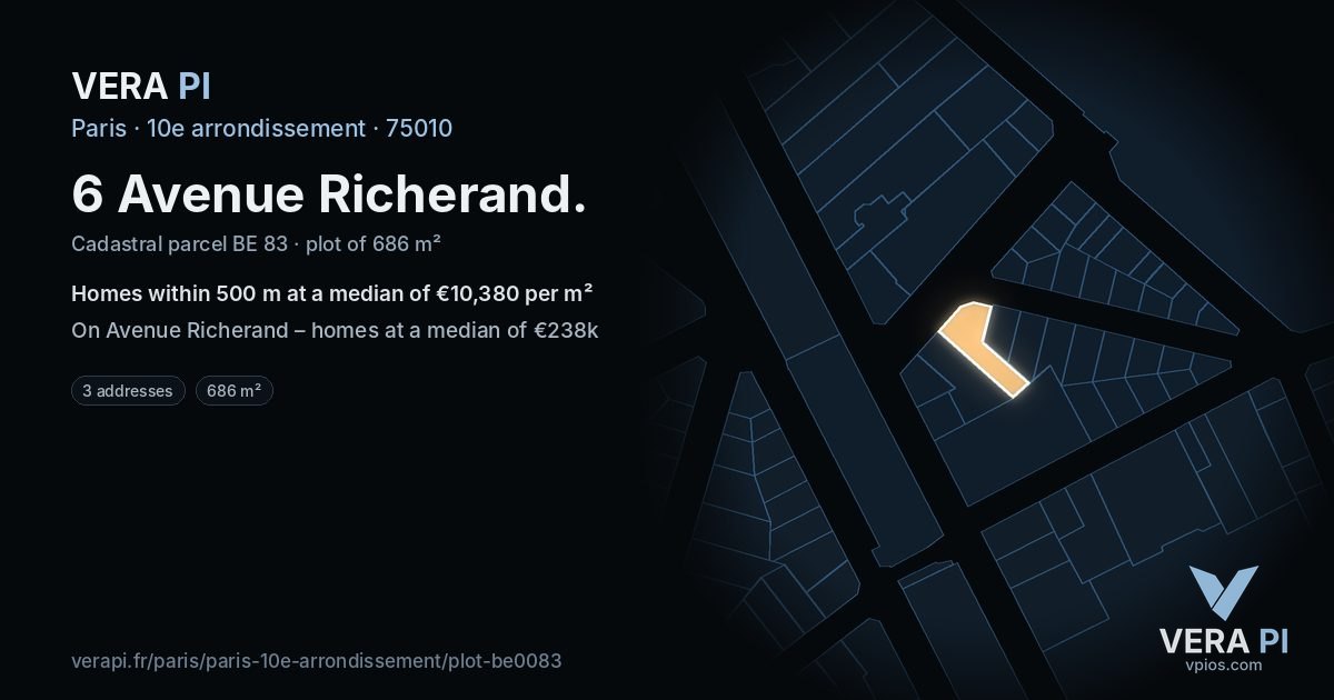 6 Avenue Richerand, 10e arrondissement at night – the plot lit, the parcels around coloured by the prices near them