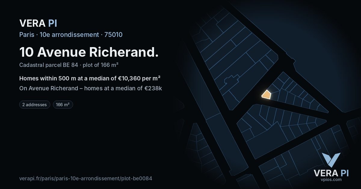 10 Avenue Richerand, 10e arrondissement at night – the plot lit, the parcels around coloured by the prices near them