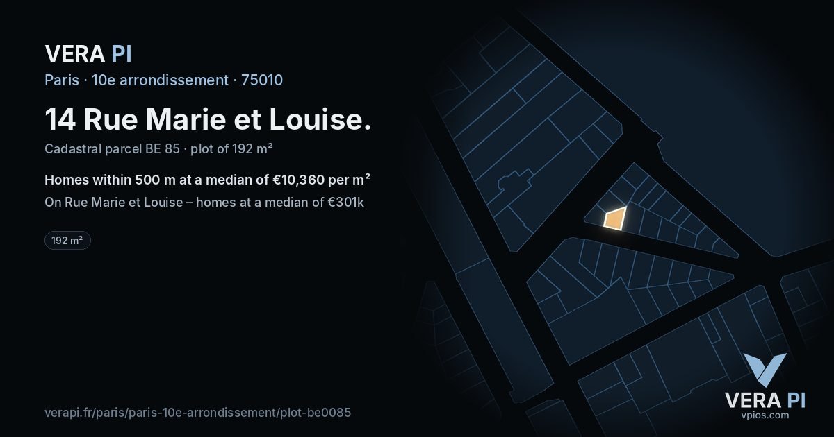 14 Rue Marie et Louise, 10e arrondissement at night – the plot lit, the parcels around coloured by the prices near them