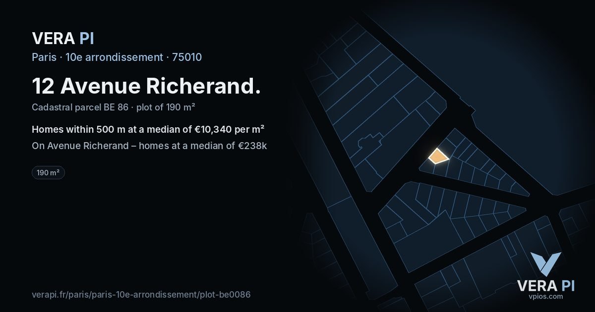 12 Avenue Richerand, 10e arrondissement at night – the plot lit, the parcels around coloured by the prices near them