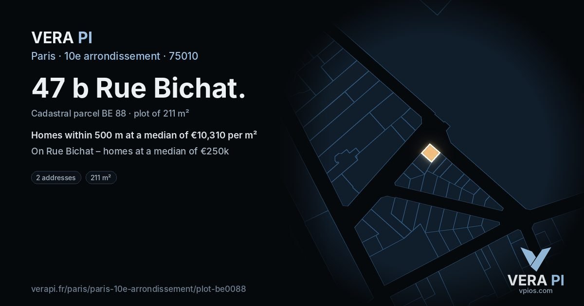 47 b Rue Bichat, 10e arrondissement at night – the plot lit, the parcels around coloured by the prices near them