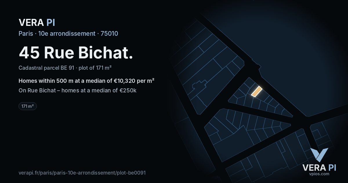 45 Rue Bichat, 10e arrondissement at night – the plot lit, the parcels around coloured by the prices near them