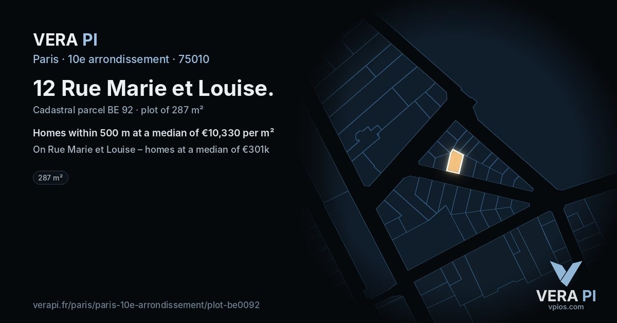 12 Rue Marie et Louise, 10e arrondissement at night – the plot lit, the parcels around coloured by the prices near them