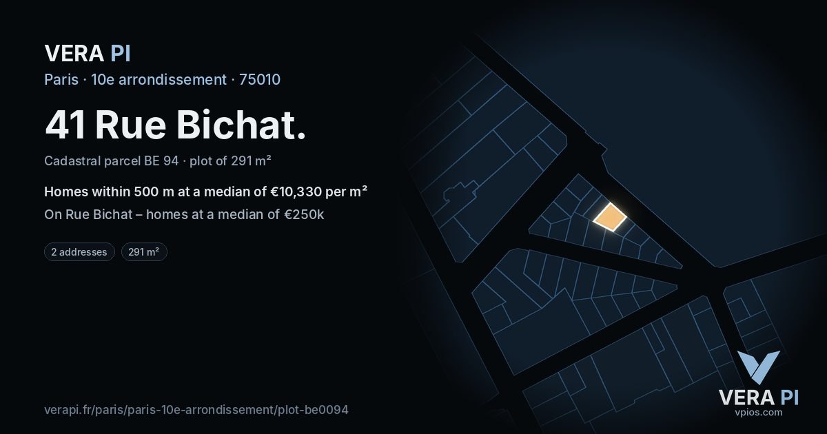 41 Rue Bichat, 10e arrondissement at night – the plot lit, the parcels around coloured by the prices near them