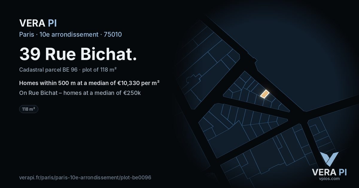 39 Rue Bichat, 10e arrondissement at night – the plot lit, the parcels around coloured by the prices near them
