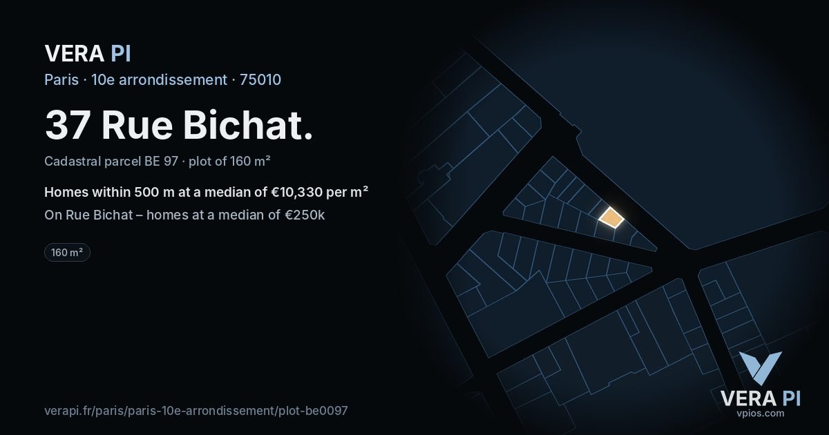 37 Rue Bichat, 10e arrondissement at night – the plot lit, the parcels around coloured by the prices near them