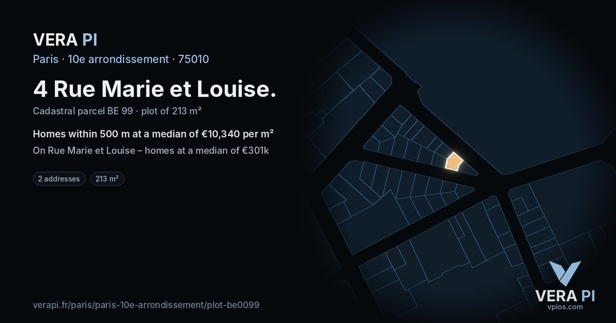 4 Rue Marie et Louise, 10e arrondissement at night – the plot lit, the parcels around coloured by the prices near them