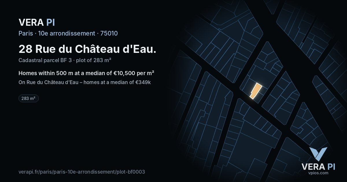 28 Rue du Château d'Eau, 10e arrondissement at night – the plot lit, the parcels around coloured by the prices near them