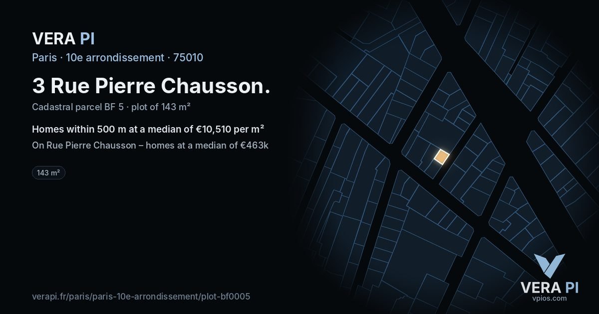 3 Rue Pierre Chausson, 10e arrondissement at night – the plot lit, the parcels around coloured by the prices near them