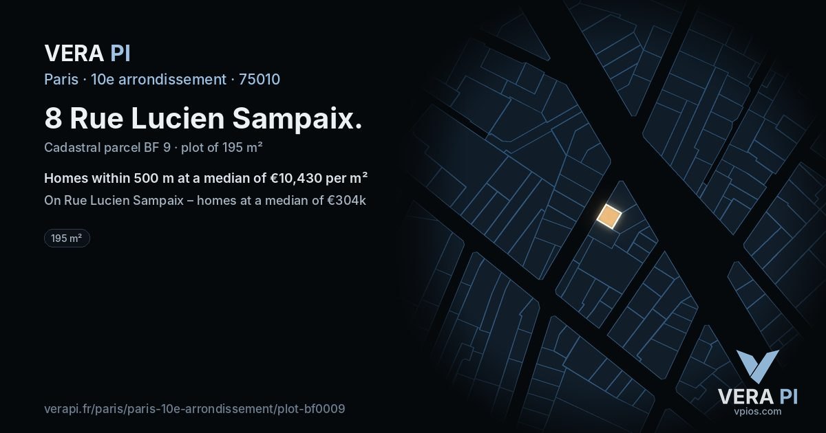 8 Rue Lucien Sampaix, 10e arrondissement at night – the plot lit, the parcels around coloured by the prices near them
