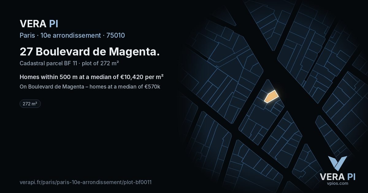 27 Boulevard de Magenta, 10e arrondissement at night – the plot lit, the parcels around coloured by the prices near them