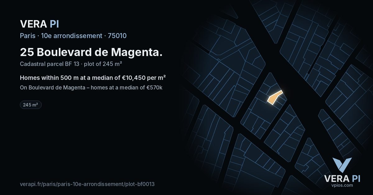 25 Boulevard de Magenta, 10e arrondissement at night – the plot lit, the parcels around coloured by the prices near them