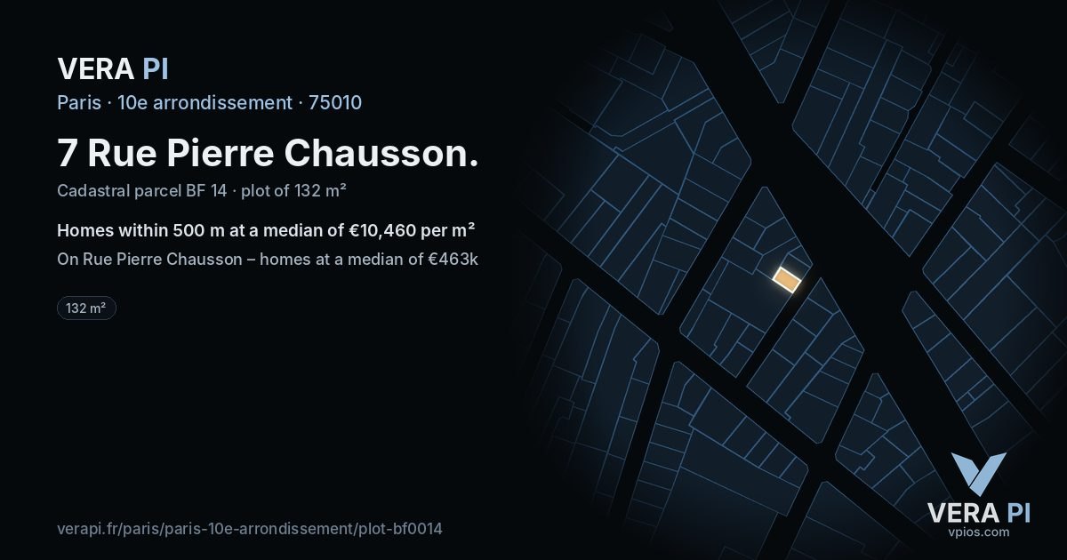 7 Rue Pierre Chausson, 10e arrondissement at night – the plot lit, the parcels around coloured by the prices near them